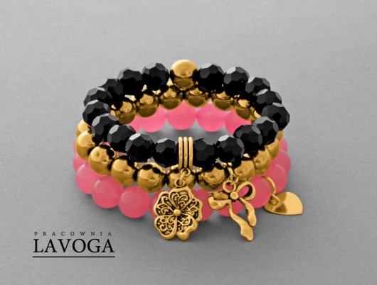 Black crystal, pink jade  & golden hematite set. Lavoga