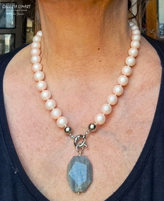 korale ELEGANCKO Naszyjnik z pięknych szklanych pereł z wisiorem z labradorytu 3w1