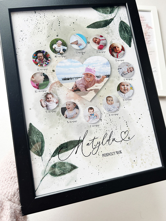 obrazy i plakaty do pokoju dziecięcego Plakat prezent na roczek 1 rok dziecka kolaż 12 miesięcy prezent na chrzest