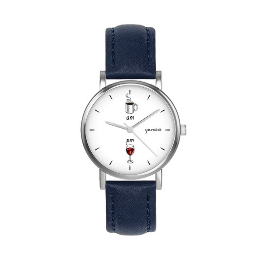 zegarki damskie Zegarek  mały -Kawa i wino - skórzany, granatowy