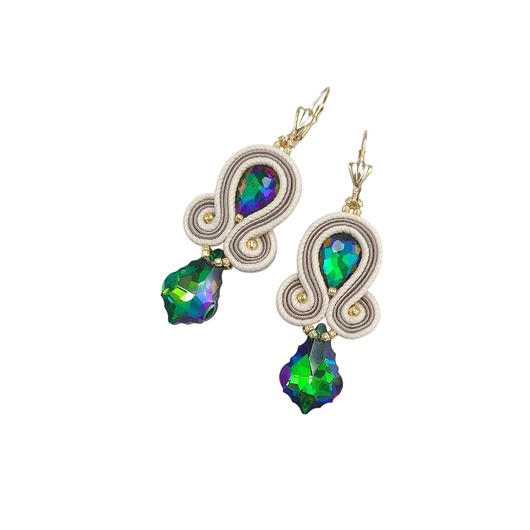 kolczyki soutache Kolczyki sutasz kremowo tęczowe z kryształami Felicja