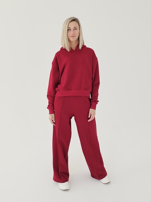 komplety damskie Komplet oversized kangurka i szerokie spodnie  bordowy