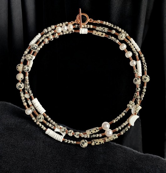 korale UNIKATOWY sznur kamieni 120cm : naszyjnik : jaspis dalmatyński BIEL