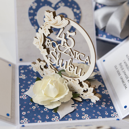 kartki scrapbooking 45 rocznica ślubu, szafirowe gody, exploding box, kartka 3d