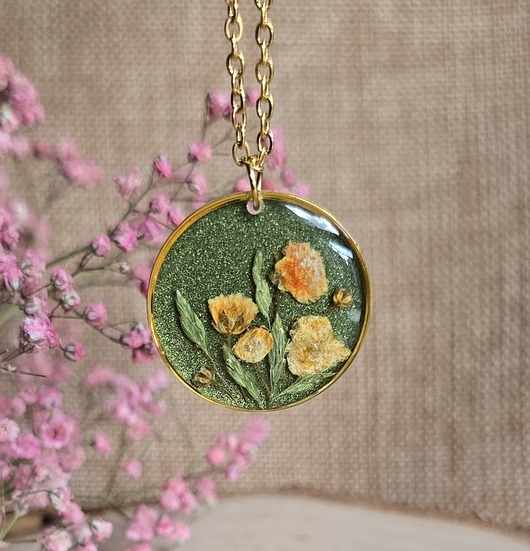 wisiory Wieczne kwiaty prawdziwe kwiaty zawieszka złota wisiorek żółte zielony