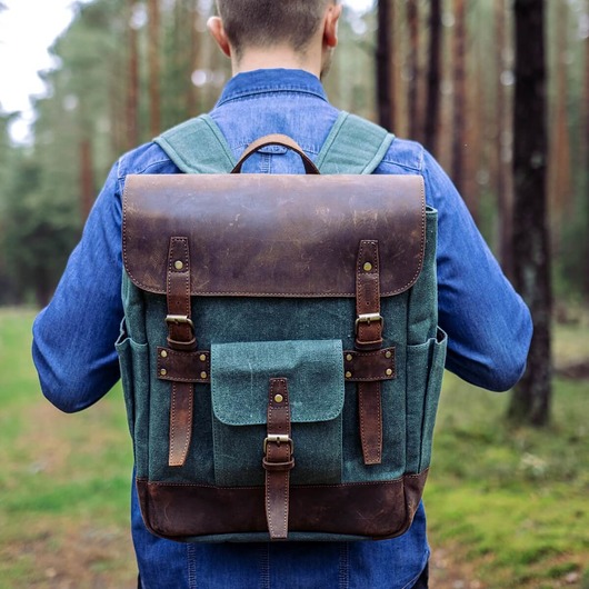 plecaki Plecak Vintage na Laptopa Skóra Płótno Zielone Forester BF51