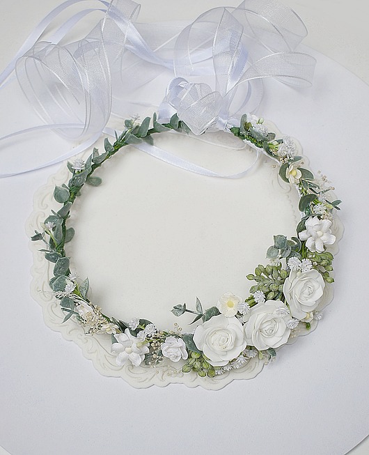 wianki komunijne Wianek komunijny dla dziewczynki biel, ivory,  zieleń.