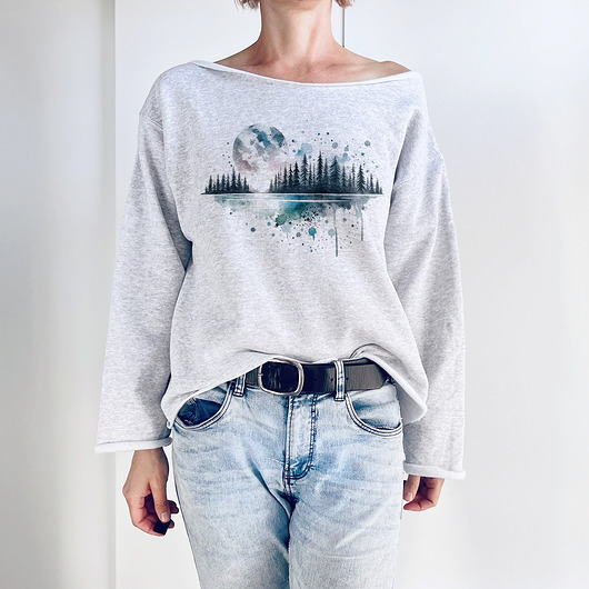 bluza bez kaptura damska Księzyc las Szara bluza cięta