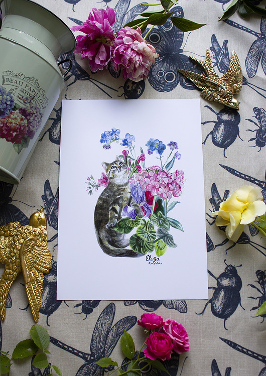 grafiki i ilustracje Plakat Kot w Pelargoniach