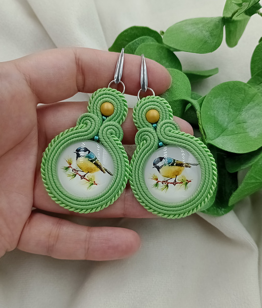 kolczyki soutache Kolczyki soutache sutasz sikorki, z sikorką