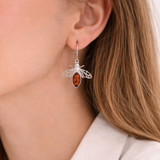 kolczyki srebrne Srebrne kolczyki z bursztynem bałtyckim - Pszczółki bursztynowe