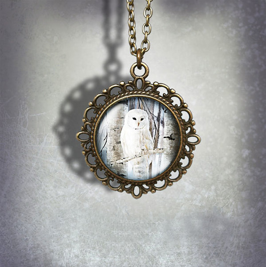 wisiory Medalion - Biała sowa - romantyczny, brąz