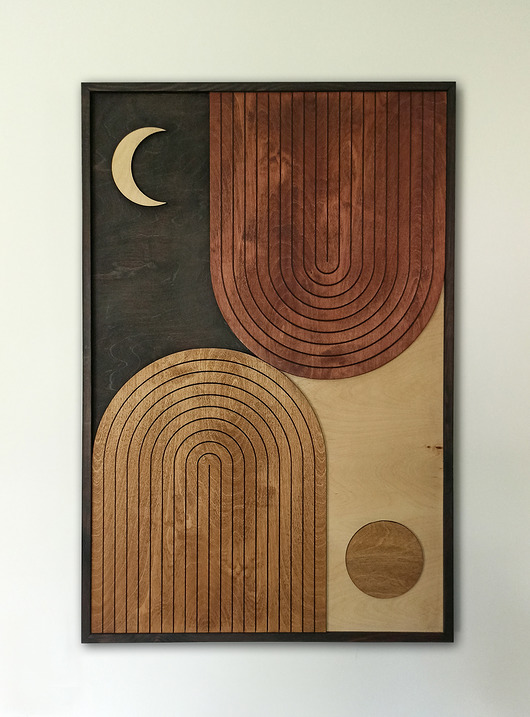 obrazy Drewniany obraz mid-century. "Słońce i księżyc".  Drewniana dekoracja boho.