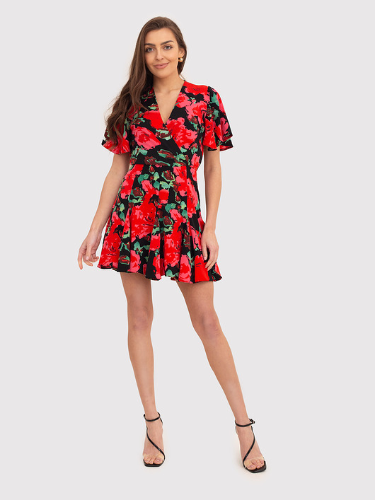 sukienki midi damskie Czerwona sukienka mini z nadrukiem w kwiaty DA1858 RED
