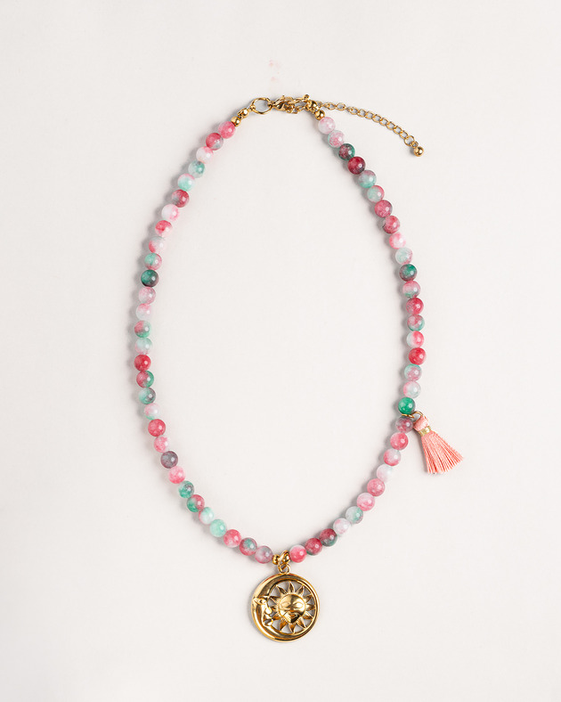 korale Naszyjnik z kamieni i jedwabiu z zawieszką Słonce Księżyc