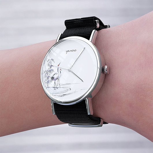 zegarki damskie Zegarek - Japońskie żurawie - czarny, nylonowy