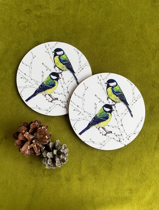 podkładki do kuchni Podkładki pod kubek- Sikorki bogatki- Ilustracja- Great Tit coasters