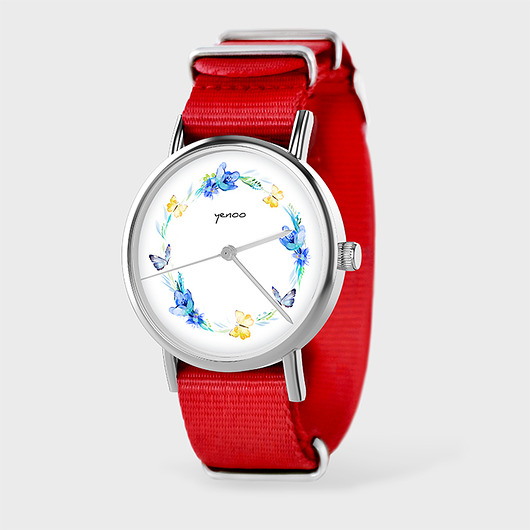 zegarki damskie Zegarek - Wianek, motyle - czerwony, nato