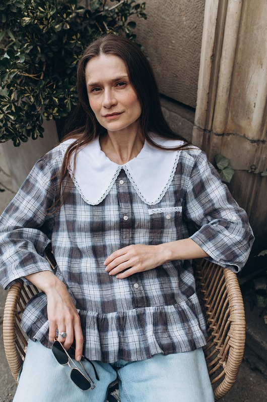 koszule damskie  Lniana koszula upcyklingowa w kratę z dużym kołnierzem oversize