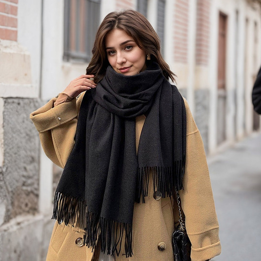 szale damskie SZAL CZARNY Szalik Damski z Imitacji Kaszmiru