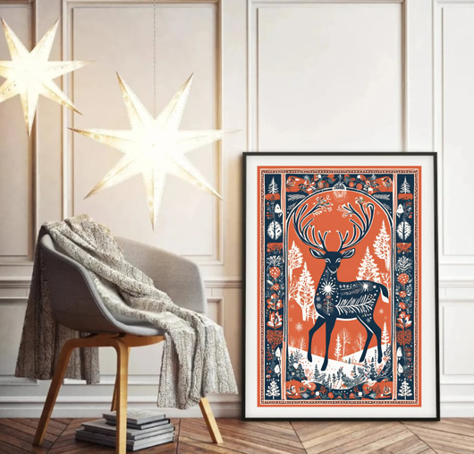 grafiki i ilustracje PLAKAT świąteczny, zimowa skandynawska ilustracja, jeleń