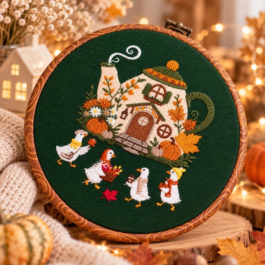 Ozdoby na ścianę Jesienne gąski,haft w oprawie ok 21 cm średnicy