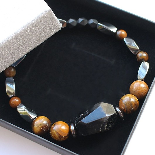 biżuteria męska Ochronna - Surowy turmalin, Tygrysie oko, Hematyt, Onyks matowy