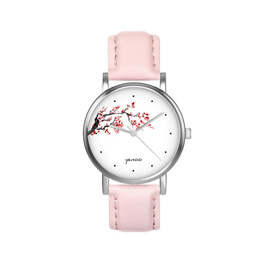 zegarki damskie Zegarek  mały - Kwiat wiśni - skórzany, pudrowy róż