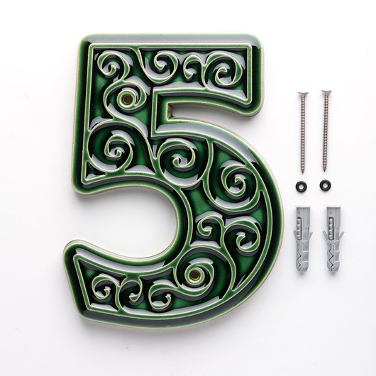 napisy dekoracyjne i tabliczki Ceramiczny numer domu, cyfra 5, zieleń butelkowa, do przykręcenia