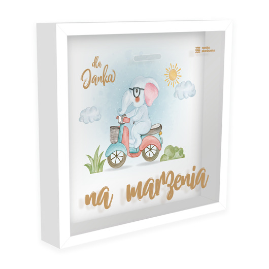 ramki na zdjęcia Ramka Skarbonka - Na marzenia - słonik na skuterze - z imieniem dziecka