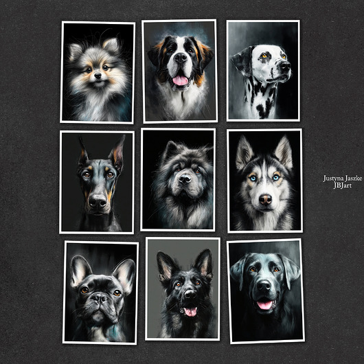 grafiki i ilustracje Psie portrety - zestaw 9 grafik