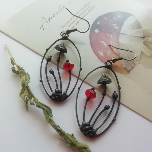 kolczyki z miedzi Kolczyki designerskie owalne w stylu vintage boho inspirowane grzybami