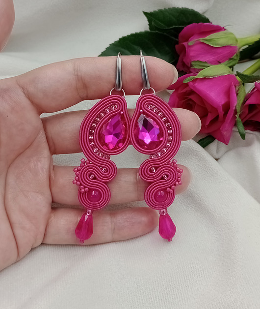 kolczyki soutache Długie kolczyki soutache na wesele, kolczyki fuksja