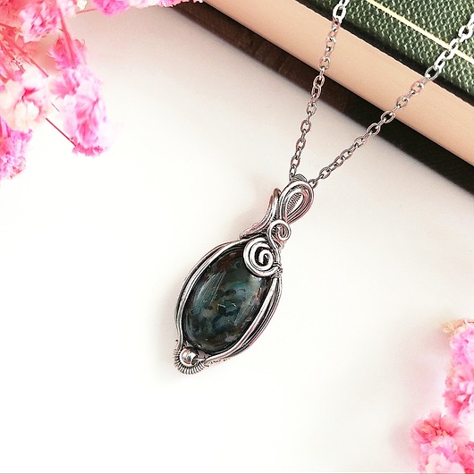 wisiory Naszyjnik Agat Mszysty stal chirurgiczna wisiorek handmade wirewrapping