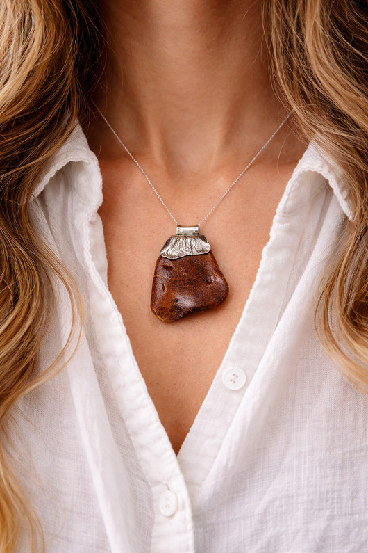 wisiory Surowy naszyjnik z bursztynu i srebra - Wisior bursztynowy - Zawieszka bursztyn