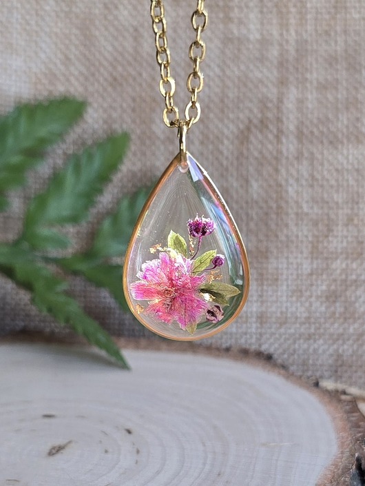 wisiory Złoty wisiorek prawdziwe kwiaty zawieszka łezka łza różowa