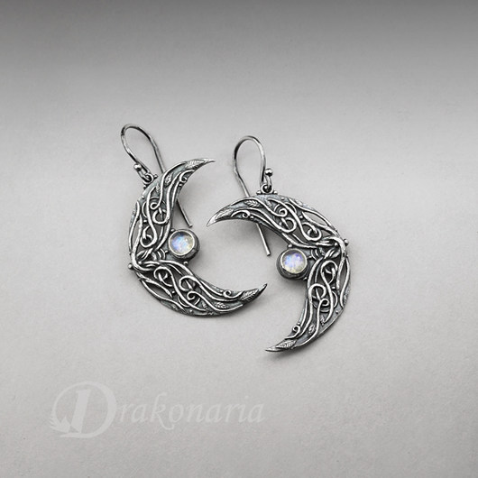 kolczyki wire wrapping Sindarin - Ithil - srebro i kamień księżycowy