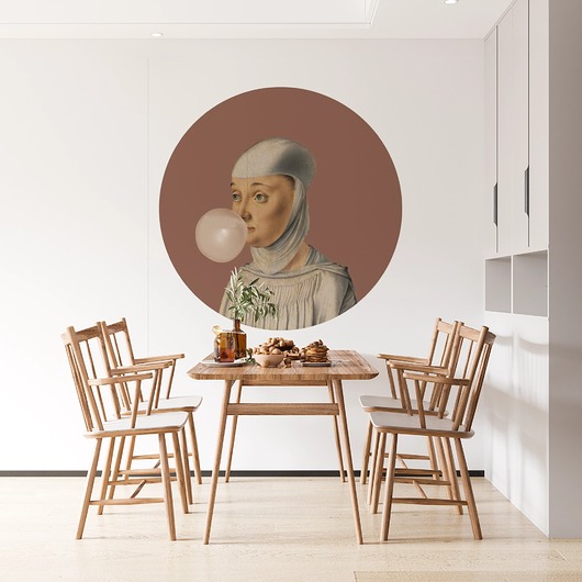 tapety i naklejki ścienne Mural DOTS  Kobieta z Gumą Balonową MOCHA- okrągła dekoracja ścienna