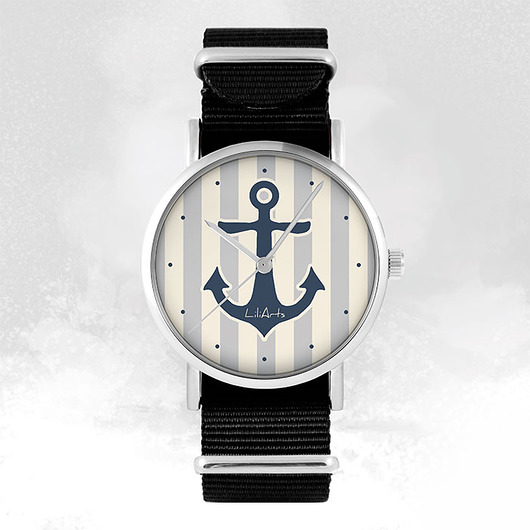 zegarki unisex Zegarek - Szara kotwica - czarny, nylonowy