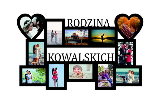 ramki na zdjęcia Multirama ramka na zdjęcia z napisem Rodzina  Nazwisko mdf 12 zdjęć serca