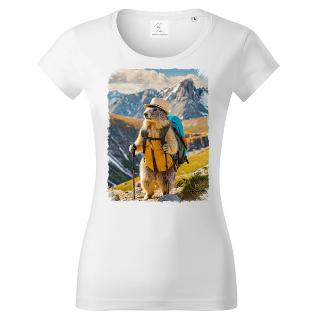 t-shirt damskie Tatra Art świstak na górskim szlaku z plecakiem w kapeluszu koszulka damska v6