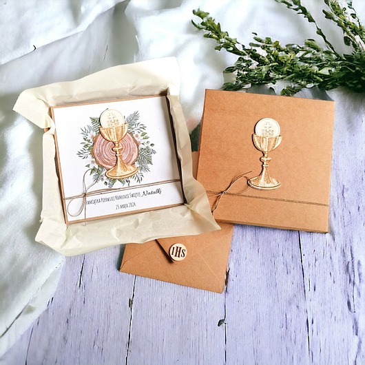kartki na komunię PREMIUM : kartka w pudełku + torebka handmade : drewno: kielich 2