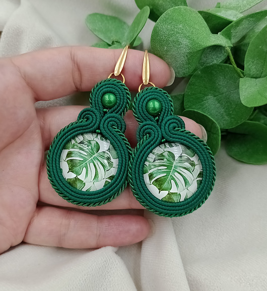 kolczyki soutache Kolczyki soutache monstera, kolczyki klipsy liście monstery