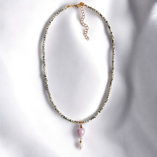 chokery Naszyjnik : jaspis dalmatyński, serce ceramiczne, perła