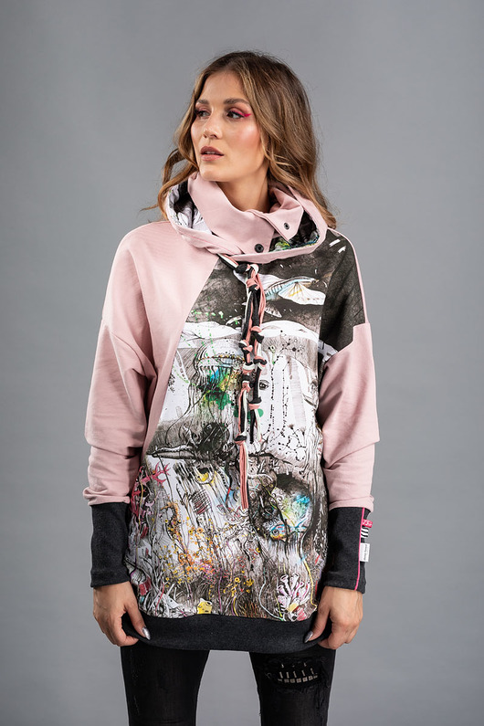 bluza z kapturem damska Bluza z kapturem i kominem - nadruk "Morze"