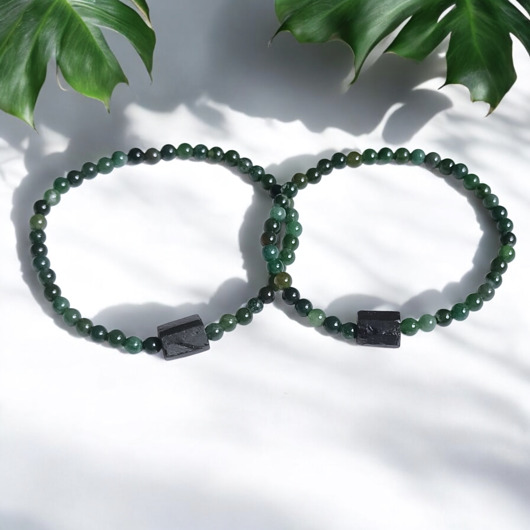 bransoletki z kamieni naturalnych WYSYŁKA 24h - KOMPLET dla PARY : agat mszysty & czarny turmalin