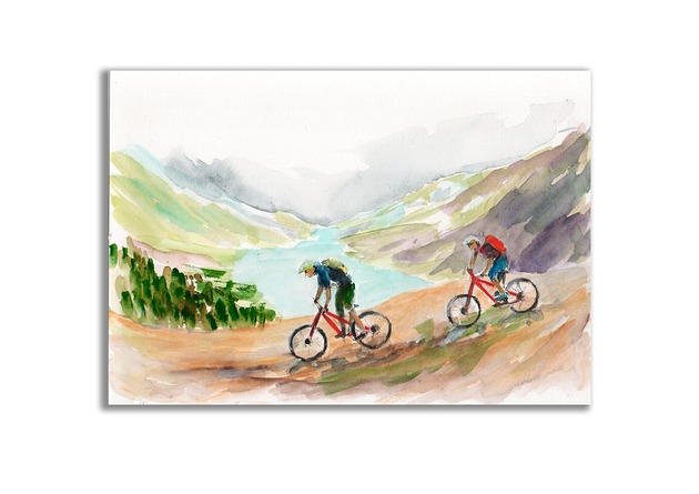 grafiki i ilustracje Akwarela ręcznie malowana góry rowery