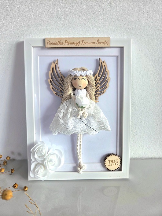 komunia - pozostałe Anioł Stróż w ramce,ręcznie robiona pamiątka Komunii Chrztu