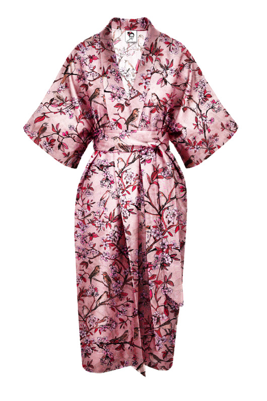 dodatki ślubne KIMONO długie / ślubny SZLAFROK, różowy w kwiaty i SŁOWIKI (100% wiskoza)