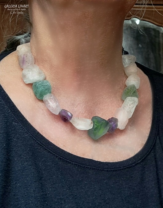 kolie Naszyjnik vintage z pięknych surowych fluorytów i ametystów  biżuteria lux